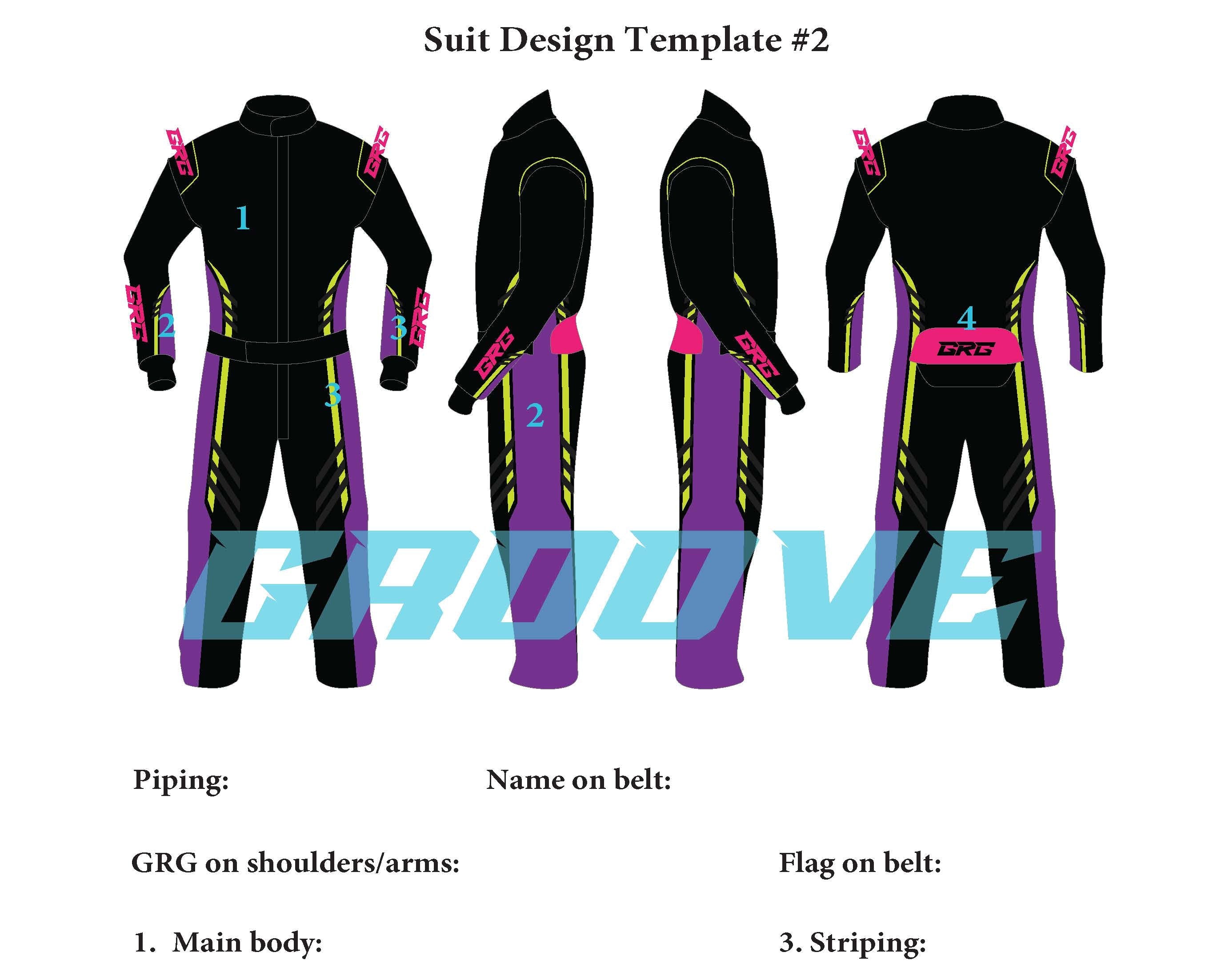 Design template for a racing suit with labeled parts and specifications.