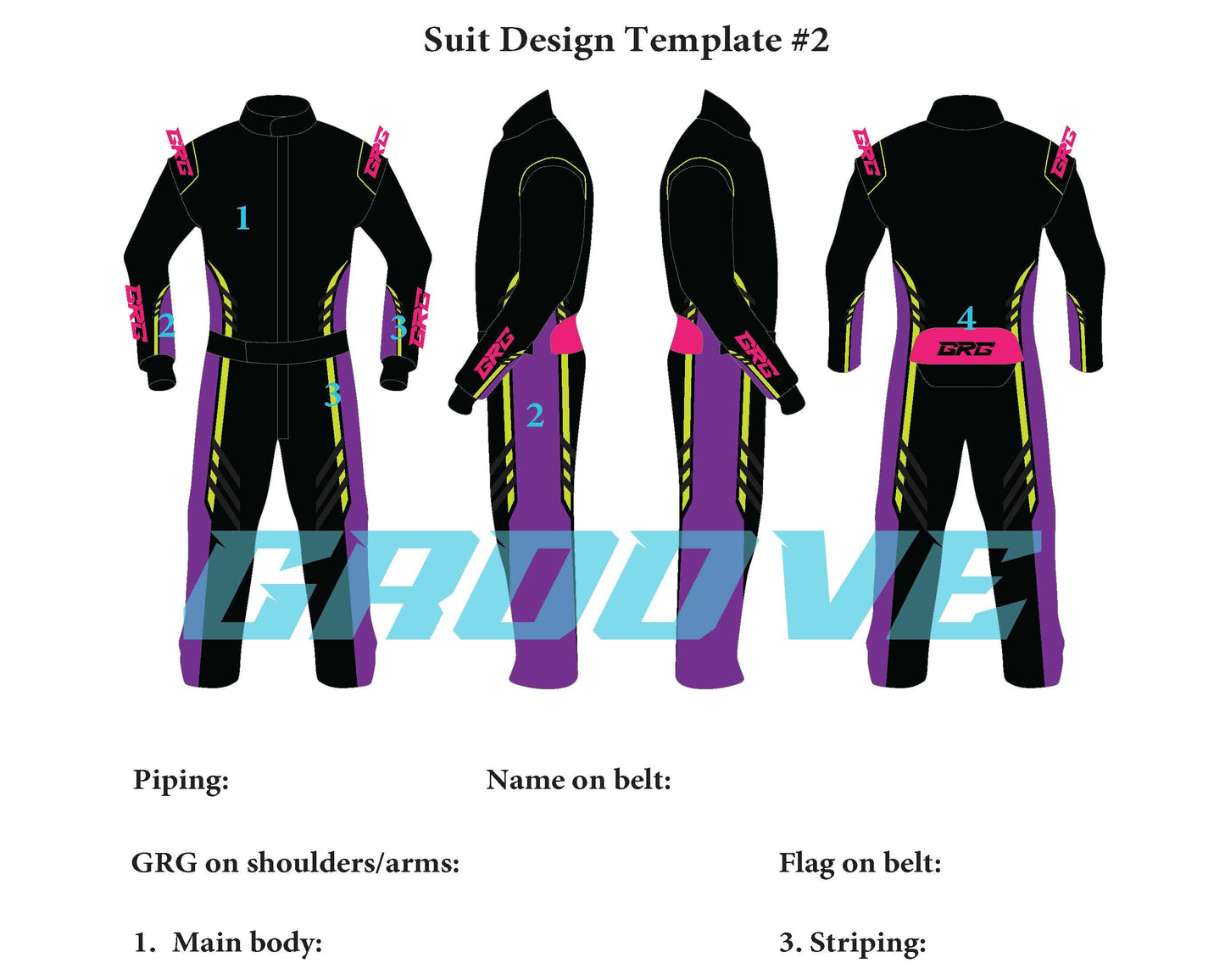 Design template for a racing suit with labeled parts and specifications.