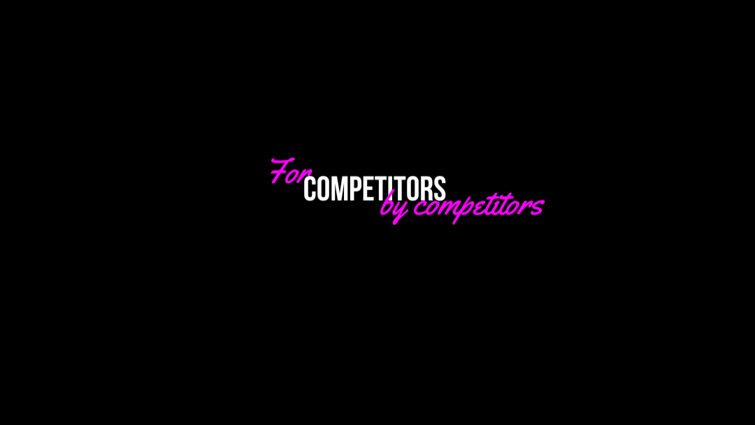 Black background with text 'For competitors by competitors' in white and pink.